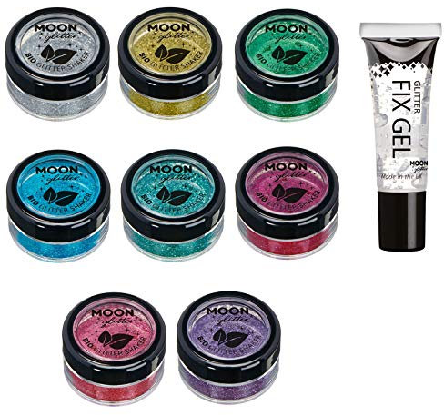 Saleros de Purpurina Eco Biodegradable de Moon Glitter - Purpurina 100% Cosmética Bio para Cara, Cuerpo, Uñas, Pelo y Labios - 5g Set de 6 – más Gel Fijador de Purpurina