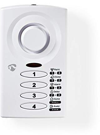 Nedis Alarma de Ventana de Puerta, 3 Modos con ajustes de Campanilla, ladrón y pánico, retardo de Entrada/Salida Ajustable, Teclado de 4 dígitos, batería o alimentación CA/CC
