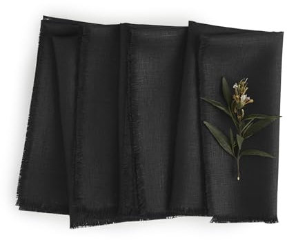 Solino Home Leinen-Stoff-Servietten 20x20 Zoll,100% Reines Leinen Fransen Dinnerservietten 4er Set,Maschinenwaschbare Schwarze Servietten für Frühling, Essen,Handgefertigt aus europäischem Flachs