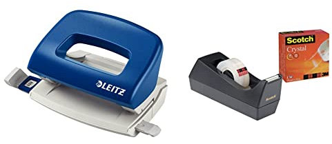 Leitz Mini Büro Locher aus Metall, kleiner Locher für 10 Blatt, blau, 50580035 & Scotch Klebebandabroller 83980 – Klassischer Tischabroller in Schwarz Inkl. 1 Rolle Scotch Crystal Klebefilm 19mm x 10m