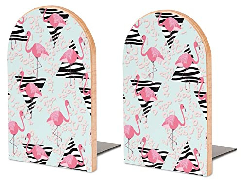 Lot De 2 Serre-Livres Triangles Texturés Flamants Roses Et Imprimé Léopard Support De Livre Antidérapant en Bois pour Bibliothèque De Bureau