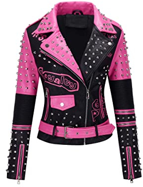 RISISSIDA Giacca da donna in finta pelle con rivetti borchiati, per primavera, autunno, inverno, alla moda, abbigliamento streetwear motociclista con cintura, XX-Large