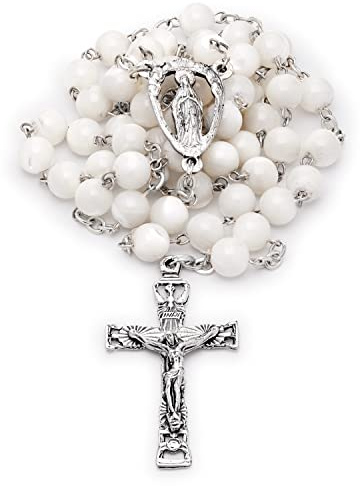 Mondo Cattolico Traditioneller Rosenkranz aus Perlmuttperlen mit zentraler Medaille Jesus des Heiligen Herzens und Kruzifix des Heiligen Geistes, Zinn, Perle