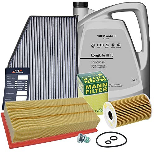 BESTPRICE Inspektionspaket Filterset mit 1x Ölfilter; 1x Luftfilter; 1x Innenraumfilter (Aktivkohle); 1x Ölablassschraube; 1x Motoröl 0W-30 VW LongLife 3 FE 5 l