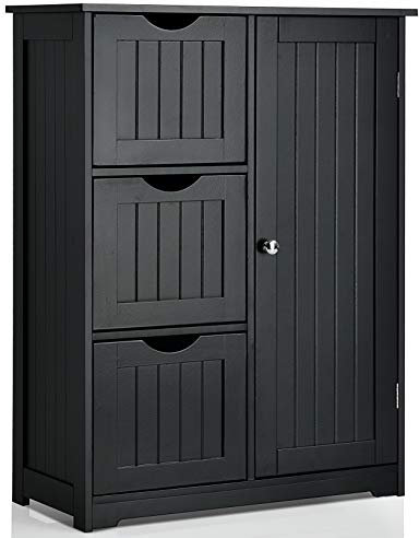 COSTWAY Badezimmerschrank, Badschrank aus Holz mit 3 Schubladen & 1 Tür, Unterschrank mit 3 Positionen Verstellbarer Ablage, Aufbewahrungsschrank für Wohnzimmer, Badezimmer, 60 x 30 x 81cm (Schwarz)
