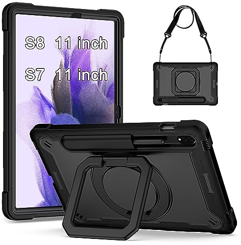 KATUMO Shockproof Case for Samsung Galaxy Tab S8/S7 11 inch | Shock Proof and Break Proof Protective Cover, with 360°Rotatable Stand & Detachable Adjustable Shoulder Strap & Pencil Holder
