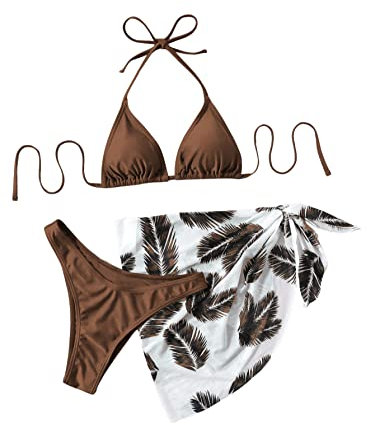 GORGLITTER Bikini Mit Rock Damen Set 3 Teilig Triangel Bikini Set Neckholder Badeanzug Bikini Mit Palme Mokka Braun S