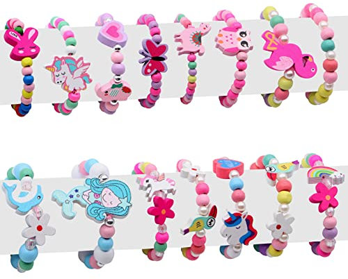 ZOCONE 15 Pezzi Braccialetti Amicizia per Bambina Ragazza, per Feste Regolabile Legno Unicorno Farfalla Sirena Gadget Compleanno