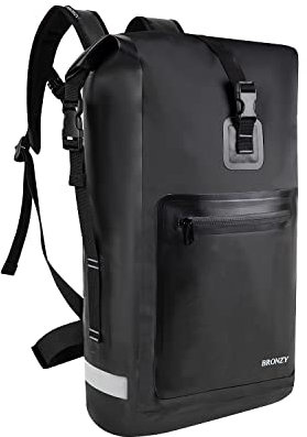 BRONZY Wasserdichter Rucksack, Trockentasche, 30 l, Rollverschluss, mit Reißverschlusstasche vorne, strapazierfähig, atmungsaktiv, mit Schaumstoff gepolsterte Rückseite, Wandern, Strand (schwarz)