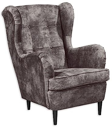 OSKAR Ohrensessel mit geknöpfter Polsterung, Stone - Vintage Wohnzimmer Sessel mit Massivholz Füßen - 78 x 102 x 98 cm (B/H/T)