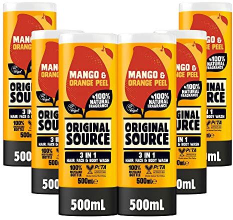 Original Source Mens 3in1 Mango & Orange Peel Shower Gel, 100 Percent Natural Fragrance, Vegan, Cruelty Free, Paraben Free, Bulk Buy, Pack of 6 x 500 ml