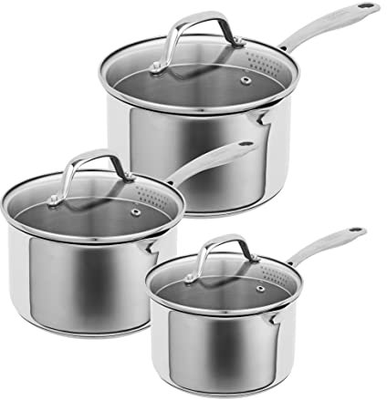 Kuhn Rikon Allround Plus 3-Piece Stainless Steel Saucepan Set with Glass Lids and Drainer, 16cm, 18cm, and 20cm, Induction and Oven Safe