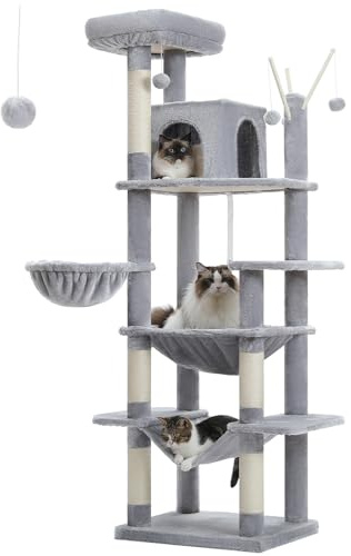 PETEPELA Kratzbaum für große Katzen im Innenbereich, hoher Turm mit super großer Hängematte (50 x 40 cm), mehrstufige Aktivitätsbäume mit Kratzstämmen, Wohnhaus und Sitzstange, Grau