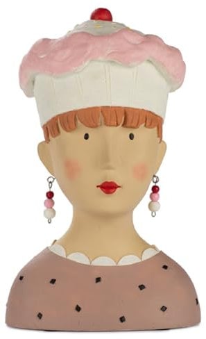 ETC Baden Import Ladykopf Dekokopf Dekobüste Dame mit rosa Muffin als Hut und weiß rosa pinken Kugelohrringen