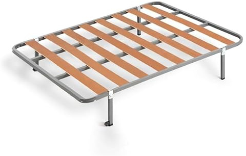 HOGAR24 ES Basic Lattenrost aus Holzlatten | Stahlrohrgestell 30 x 30 mm | Maße: 135 x 200 cm | Inklusive Fußset von 26 cm | Rollen auf 2 Beinen für eine bessere Bewegung