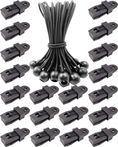 BINCKIN 40PCS Tarp Clip Bungee Cord with Ball, Black Reusable Awning Clips and Bungee Cords with Balls, Adjustable Tarpaulin Clips and Ball Bungees