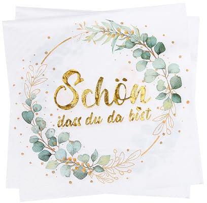 YOLOUP 40 Stück Servietten Schön Dass Du Da Bist Servietten Eukalyptus 3-lagig Grünes Blatt Papierservietten Grün Tischserviette Tischdeko für Weihnachten Geburtstag Hochzeit Taufe Kommunion