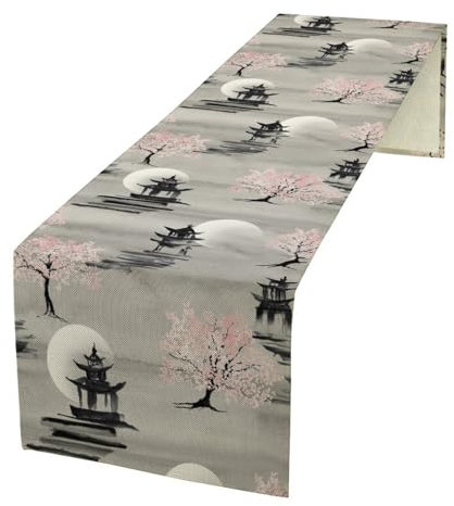 Tischläufer mit Kirschblüten, orientalisch, asiatisch, Retro, rosa Blumen, Bäume, Vollmondlandschaft, Tischläufer für Küche, Esstisch, Hochzeit, Party, Dekoration, 33 x 152,4 cm