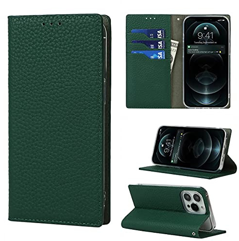 Cavor Phone Case Compatible for iPhone 13 Pro Cover,Genuine Leather Flip Wallet Case,[3 Card Holders][Magnetic Closure][RFID-Blocking][Lanyard] Protective Case - Dark Green