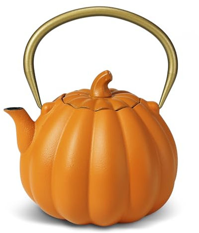 VICSKY Orange Pumpkin Cast Iron Teapot, Natural Pumpkin Color, Japanese Cast Iron Tea Kettle Stovetop Safe with Infuser, Cute Creative Pumpkin Halloween Teapot(40oz/1200ml, Orange)