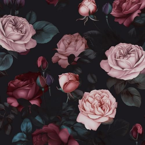 VOLEAAR Big Floral Wallpaper Rose Contact Paper Boho Wall Paper for Bedroom Bathroom Shelves Drawers Vinyl Removable Self Adhesive PVC DIY Black Pink 44.5CM X 1000CM