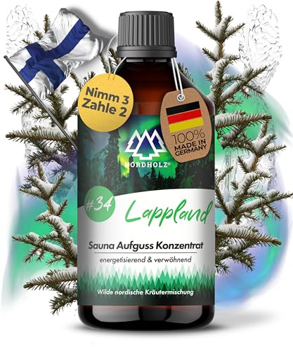 NORDHOLZ® Saunaaufguss 250ml [60 Sorten] Sauna Aufgussmittel Konzentrat | Sauna Duft · #34 Lappland · Nordische Kräuter · grün & aromatisch · Mit ätherischen Ölen · Made in Bayern