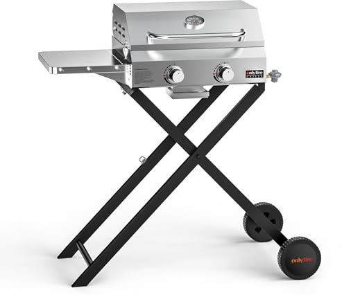 Onlyfire GS323 Barbecue à gaz à 2 brûleurs avec chariot pliable et table d'appoint, barbecue au propane portable avec couvercle pour extérieur, terrasse, jardin, barbecue, camping, hayon, camping-car