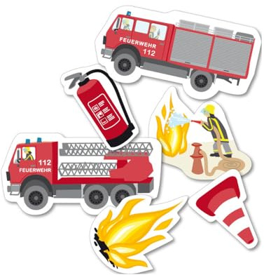Kindergeburtstag Feuerwehr Tischdeko Motive - 120 Stück Partydeko mit 6 unterschiedlichen Feuerwehr Motiven (5 x 24 Stück)