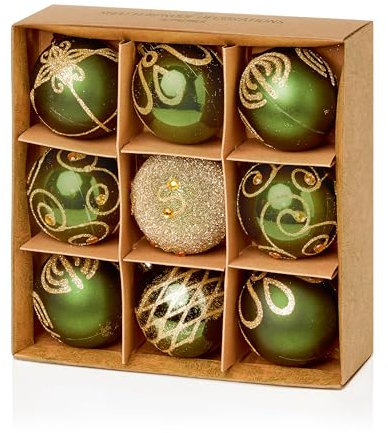 Premier Decorations Set of 9 x 6cm Shatterproof Baubles - Dark Green Assorted Finishes - Luxury Christmas Tree Decorations, Hanging Ornaments