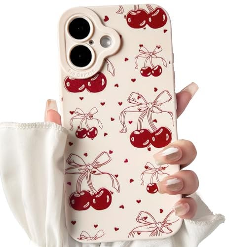 NITITOP Compatible with iPhone 16 Case Cute Bowknot Cherry Pattern Little Heart for Women Girl Soft TPU Shockproof Protective Phone Cover Girly - White