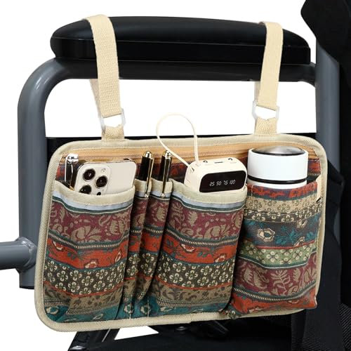 FADOVYE Wheelchair Side Bag with Cup Holder, Wheelchair Armrest Accessories Pouch with Pen Slot and Reflective Strips for Power Wheelchairs, Walkers, Rollators, Seniors (Bohemian)