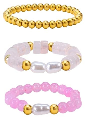 3 Pièces Bague PerléE En Pierre Naturelle, Bague éLastique Femme, Echter Naturstein Ring mit Perle, Bagues éLastiques, Bague Avec Perles En Pierre Naturelle, Cadeau Pour Femme Petite Amie (Rose)