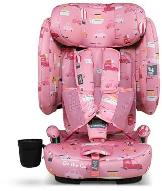 Cosatto On The Go, Faltbarer Autositz, 15 Monate - 12 Jahre, 76-150 cm, tragbarer ISOFIX Reiseautositz, ultrakompakt & leicht, Seitenaufprallschutz & Reisetasche (Juckende Füße Rosy)