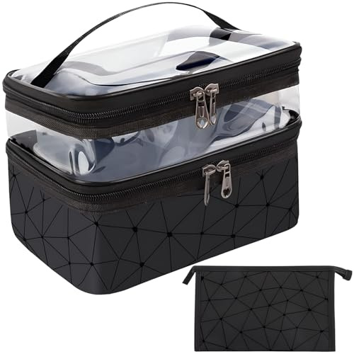 Binnan Trousse Maquillage Femme, Trousse de Toilette Femme, Lot de 2 Vanity Trousse de Toilette (Grand+Petit), Double Trousse de Toilette Transparente, Grande Capacité, Imperméable