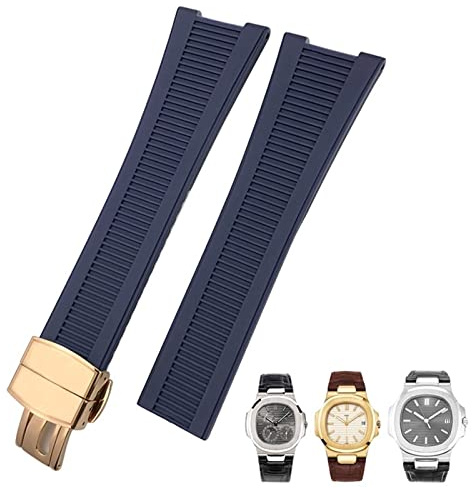 MODBAND 25 mm Kerbform-Gummi-Silikon-Uhrenarmband, wasserdichte Uhrenarmbänder für PATEK PHILIPPE Nautilus Herrenarmband(Blue Rose Gold)