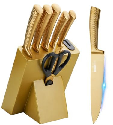 Justup Messer Set, 7-teiliges Messerblock-Set mit Rutschschutzgriff, Scharfes Messer aus Edelstahl für die Küche, Professionelles Kochmesser für Zuhause, Schneiden, Mahlen, Würfeln (Gold)