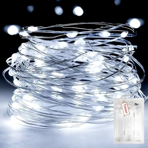 Peaser Christmas Decoration Lights with Timer, Cool White Battery Fairy Lights with 2 Modes, 3m/30 LED Xmas String Lights, Micro Silver Wire Christmas Lighting for Bedroom Wedding Party