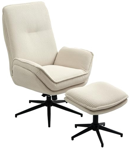 HOMCOM Fauteuil Salon avec Repose-Pieds, Chaise pivotante en Velours côtelé, Dossier inclinable, Assise et accoudoirs rembourrés, Dossier Haut, Fauteuil Relax pour Salon et Chambre, Beige