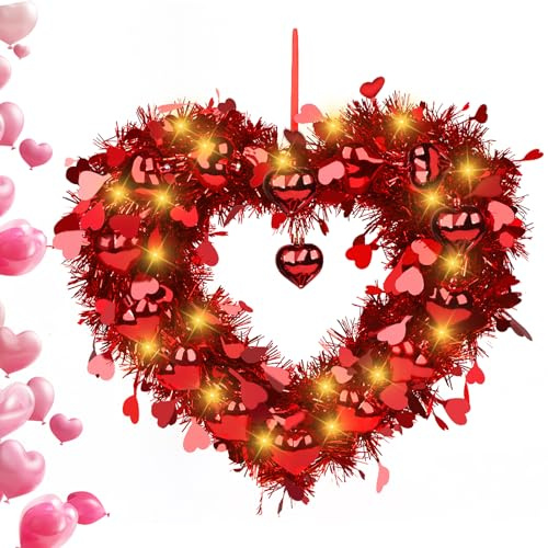 Red Rose Valentine Heart Wreath, Valentines Day Wreath 17.7X14In Valentine Day Floral Wreath Light, Prelit Heart Wreath Rose Pvc Valentine Room Decorations for Wedding Party Door Window Staircase
