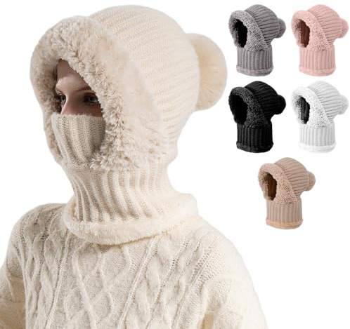 Winter Hats for Women, 2025 New Winter Warm Knitted Cap with Neck Warmer for Women, Winter Woolly Hat with Warm Fleece Linning, Windproof Balaclava Snood Hood Hat for Women