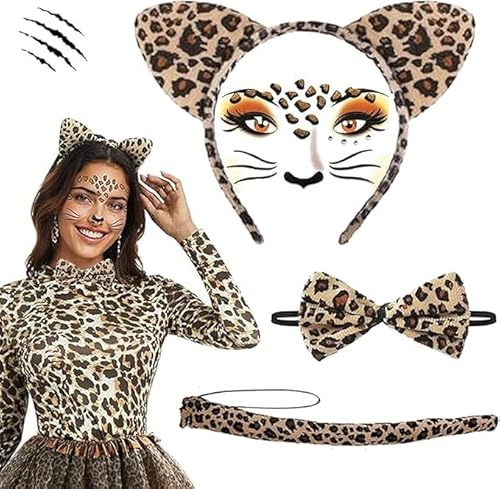 GUIANLOU 4-Teilig Leopard Kostüm Set Haarreif Leopard Ohren Leo-pard Gesicht Kunst Aufkleber Haarreif Leo pard Schwanz Fliege Leo parden Kos-tüm,Für Karneval Fasching Halloween Kos-tüm Party.