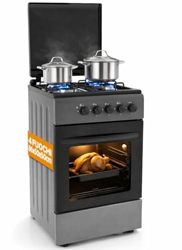 BAKAJI Cucina da Esterno Alimentazione a Gas con Forno e 4 Fuochi, Cucinino con Bruciatori e Griglie Rimovibili in Ghisa con Mobile e Accensione Ergonomica, Ideale per Esterni ed Interni (Grigio)