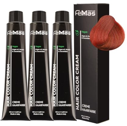 FemMas Tinte para el cabello 3 x rubio oscuro cobre intenso 6.44 I crema tinte para el cabello con aceite de argán, queratina y ceramidas, coloración permanente del cabello o tinte para resultados de