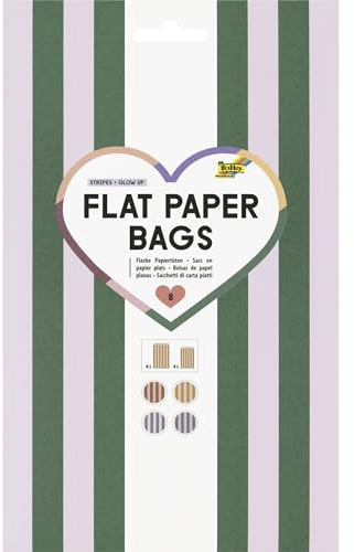 folia 42149 - Flat Paper Bags STRIPES GLOW UP, 8 Flache Papiertüten aus FSC-Mix Papier in 2 Größen und je 4 Farben, zum Basteln, Verzieren und Verschenken