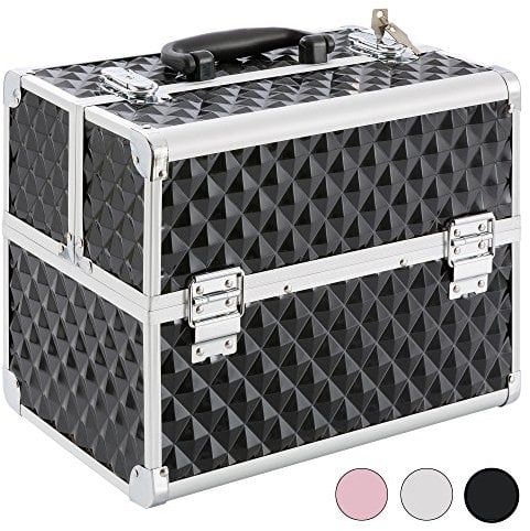 Arebos Kosmetikkoffer | 15L | 5 Fächer | Aluminium | Diamant-Muster | inkl. Schloss & Schlüssel | 2 ausklappbare Etagen | Samteinlage | 32 x 27 x 22 cm | Schwarz