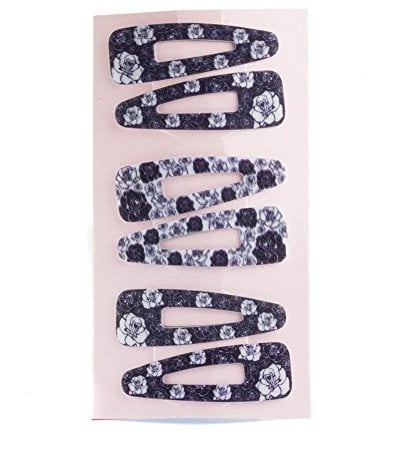 Mytoptrendz® Set of 6 Rose Floral Print Snap Clip Black and White Velvet Feel and Glitter Hair Clips Snap Bendies Sleepies