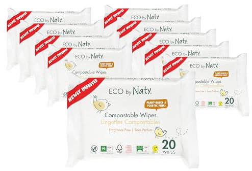 Eco by Naty plastikfreie Baby Feuchttücher unparfümiert - Reisegröße - 100 % kompostierbare und pflanzliche Tücher, gut für Babys und die empfindliche Haut von Neugeborenen (12 x 20 | 240 Stück)