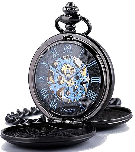 ManChDa Klassiker Männer Taschenuhr Retro Zifferblatt Römische Ziffern Steampunk Skelett Mechanische Zarte Bewegung mit Kette + Geschenk-Box
