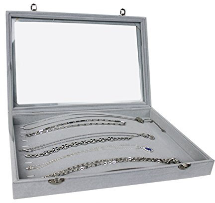 Markenlos Schmuckkasten Schmucklade Schaukasten Schmuckdisplay mit Glasdeckel grau (für lange Ketten)