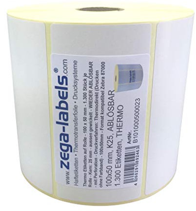 Thermo Etiketten auf Rolle - 100 x 50 mm - 1.300 Stück je Rolle - Kern: 25 mm - aussen gewickelt - WIEDER ABLÖSBAR - Druckverfahren: Thermodirekt (Drucken ohne Farbband)